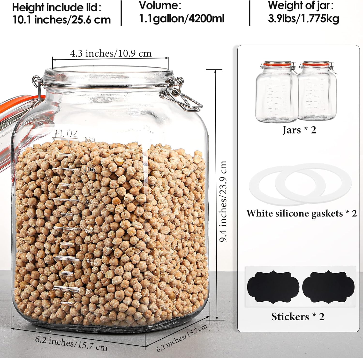 Qianfenie UPGRADE 2-Pack Square Super Wide Mouth Airtight Glass Storage Jars