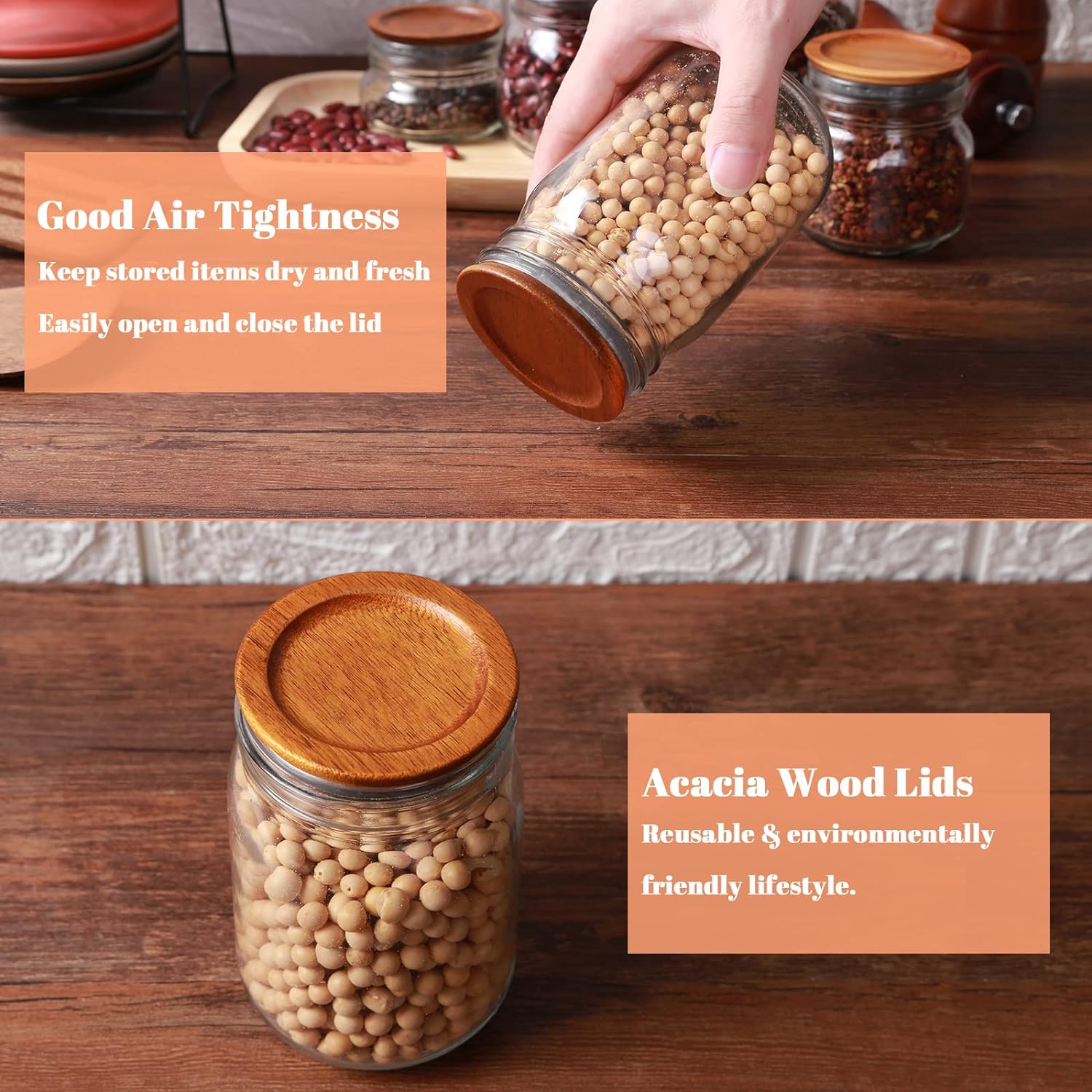 12-Piece Acacia Wooden Mason Jar Lid Set with Silicone Airtight Seals