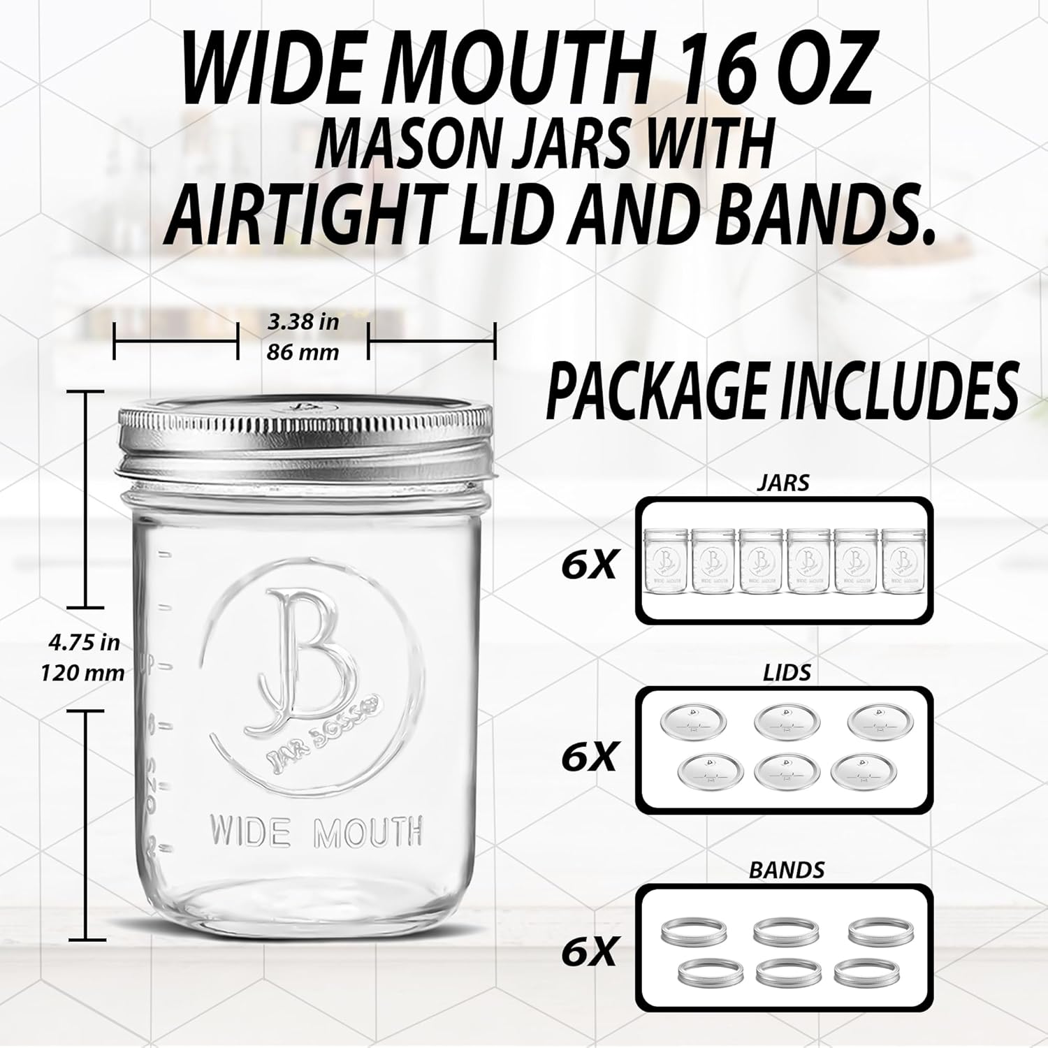 Jar Boss Wide Mouth Mason Jars 16oz 6-Pack