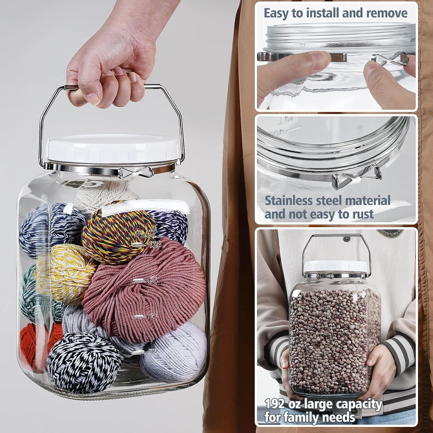 2 Pack 15 Gallon Glass Jars with Airtight Lids and Handles