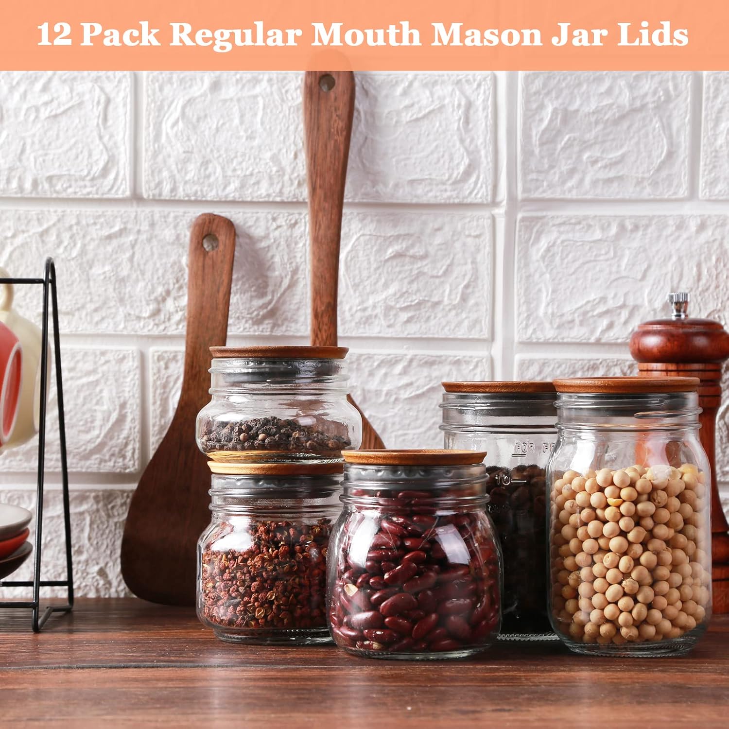 12-Piece Acacia Wooden Mason Jar Lid Set with Silicone Airtight Seals