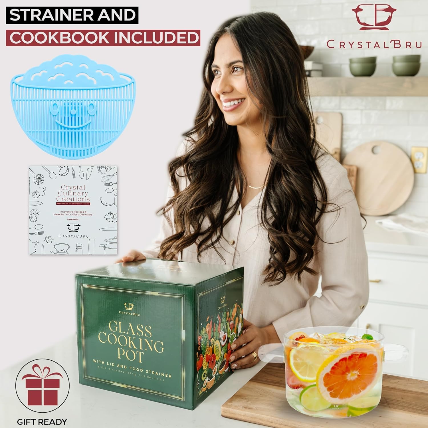 Crystalbru 2L Clear Glass Simmer Pot with Lid Strainer