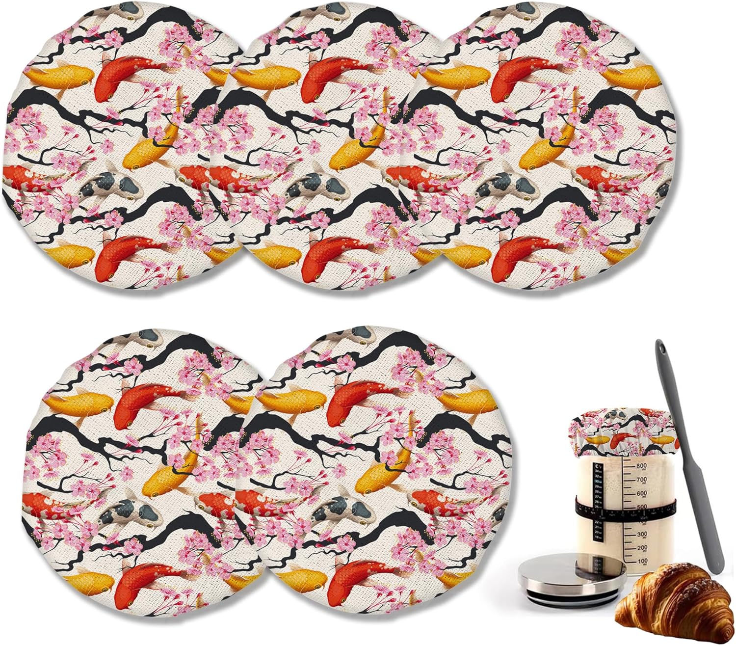 Japanese Cherry Blossom Koi Fish Sourdough Starter Jar Cloth Cover Eco-Friendly Durable
