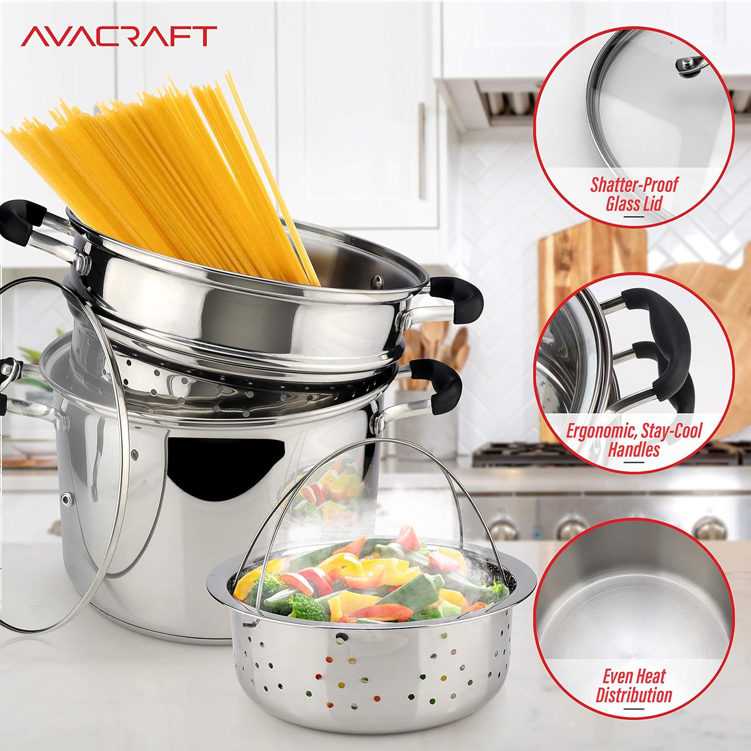 Avacraft 4-Piece Stainless Steel Pasta Set 7 Quart Glass Lid Steamer Basket