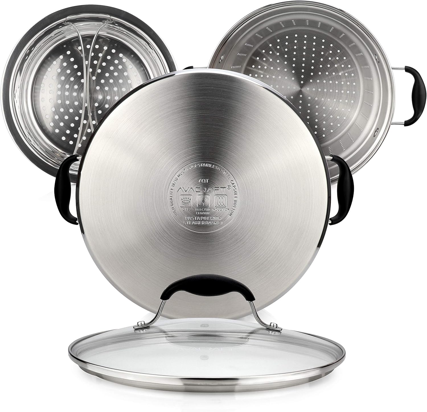 Avacraft 4-Piece Stainless Steel Pasta Set 7 Quart Glass Lid Steamer Basket