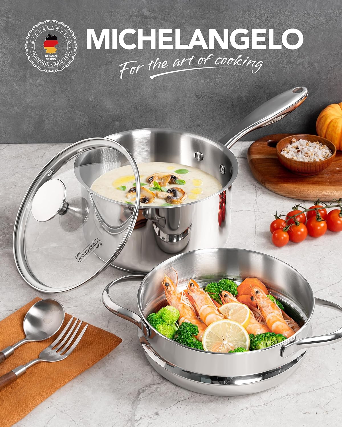 MICHELANGELO 15 Quart Stainless Steel Saucepan with Lid Unique Design